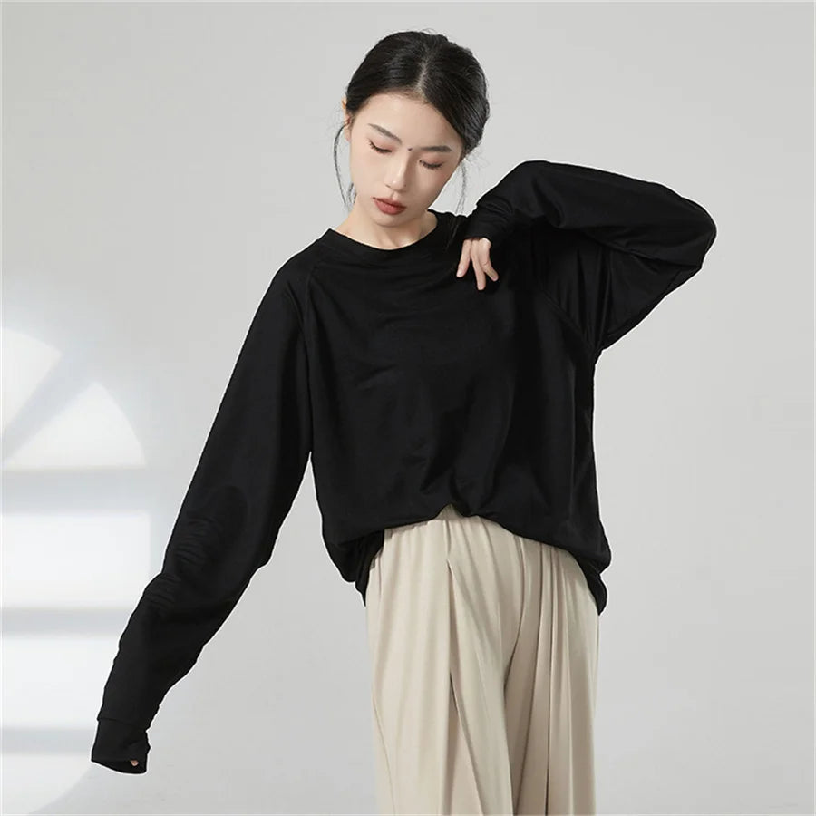 Women’s Long Sleeve Yoga Top – Soft, Breathable, Loose-Fit Tee for Dance & Daily Comfort