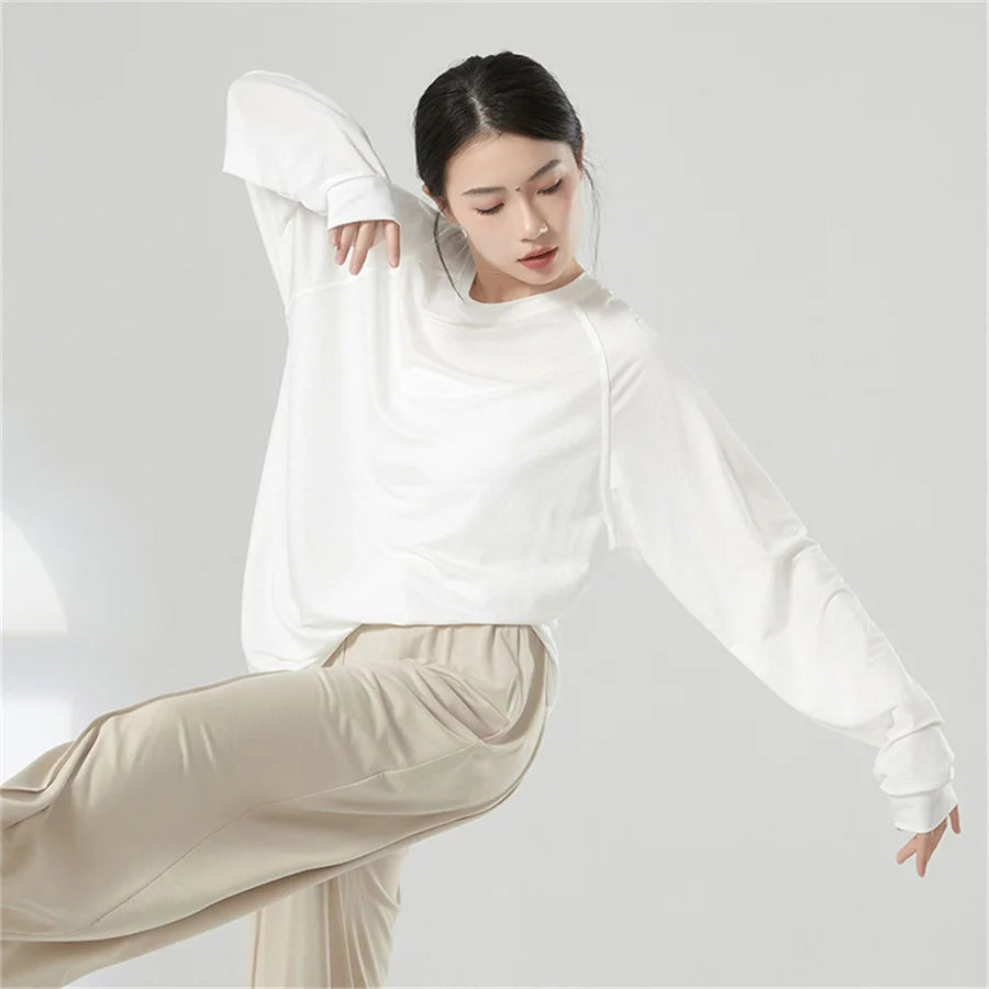 Women’s Long Sleeve Yoga Top – Soft, Breathable, Loose-Fit Tee for Dance & Daily Comfort